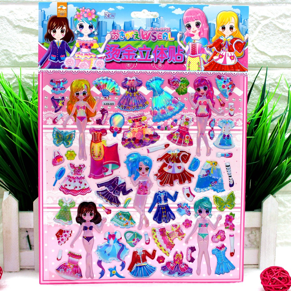 Laser three-dimensional paste 3D sponge cartoon stickers girl cartoon lace gauze dress change paste wholesale details Picture