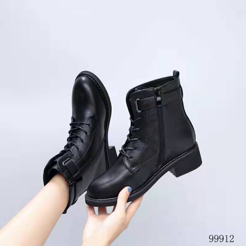 2019新款冬women shoes银飞99912绑带搭扣软底软面中跟马丁靴加绒细节图