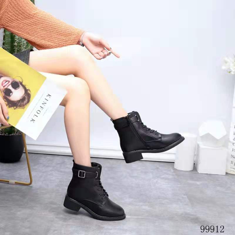 2019新款冬women shoes银飞99912绑带搭扣软底软面中跟马丁靴加绒产品图