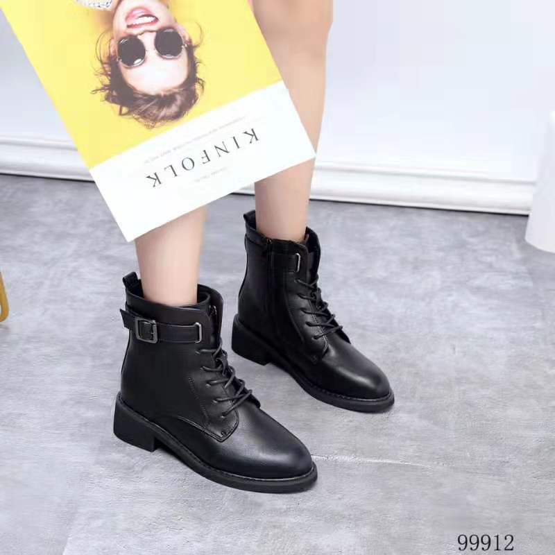 2019新款冬women shoes银飞99912绑带搭扣软底软面中跟马丁靴加绒