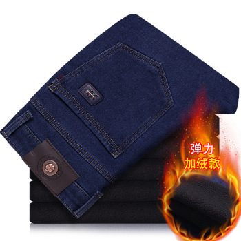 Manufacturers direct sales 2018 winter new men's thick and fleece jeans straight leg mid-waist jeans