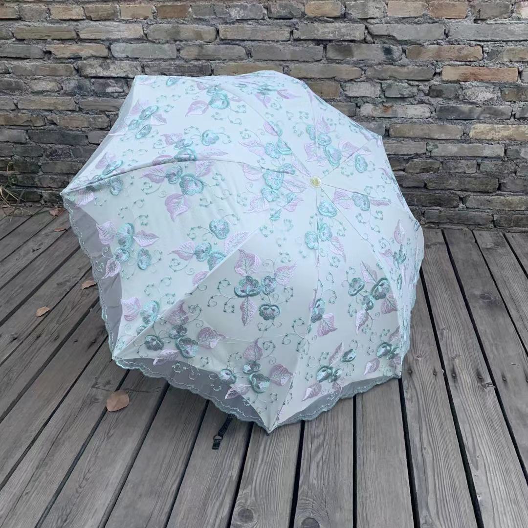 双层绣花三折伞 夏季UV防嗮双层伞 植绒刺绣工艺遮阳伞 parasol