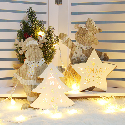 圣诞节装饰品圣诞树摆件雪人摆件木质发光圣诞树橱窗细节图