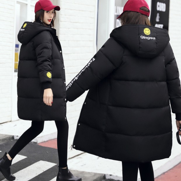 New loose plus-size down jacket women's mid-length smiling face cotton-padded jacket for lovers