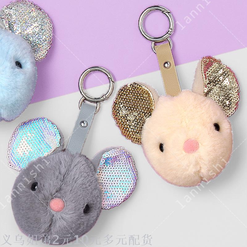 Cute three-dimensional animal figurine keychain aromatherapy ball buckle - Flashing ear mouse head car key bag pendant details Picture