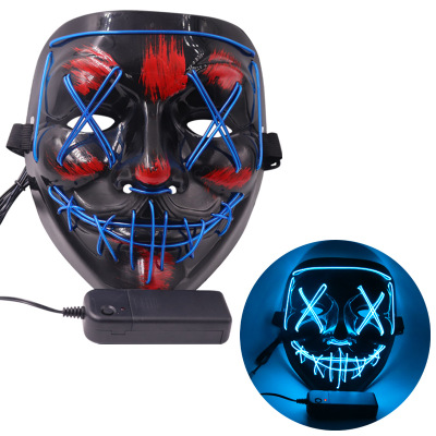 Halloween luminous mask, black V-shaped blood-stained horror LED face mask, ghost face EL fluorescent atmosphere prop
