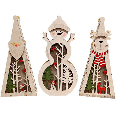 圣诞节装饰发光圣诞树圣诞雪人圣诞老人摆件木质圣诞树白底实物图