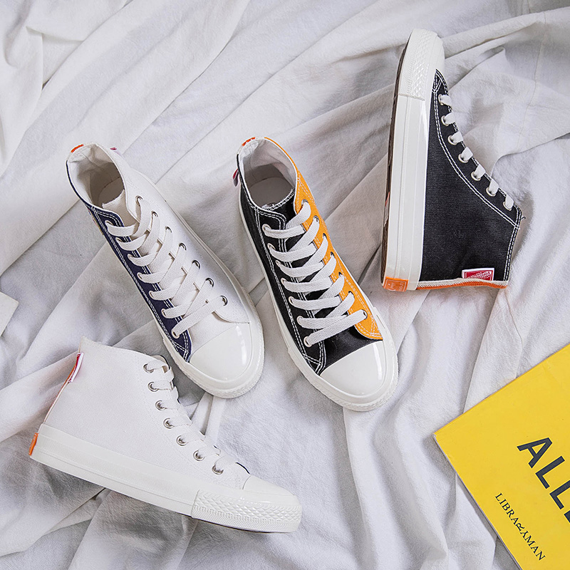 2019夏季新款高帮帆布鞋经典款双色单鞋拼色透气百搭韩版学生板鞋