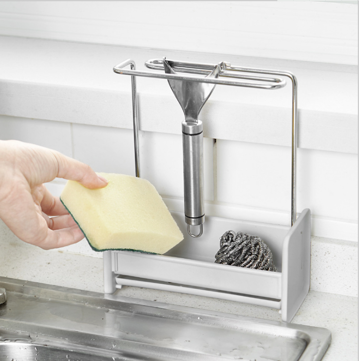 Multi-functional stainless steel sink, draining rack, countertop, rag hanging rack, sponge cleaning ball storage rack, pool storage rack