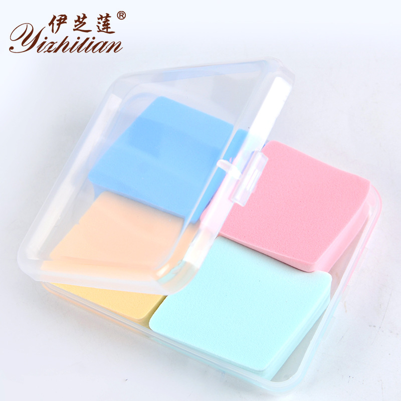 Boxed, hydrophilic, enlarged, dry and wet dual-purpose, multi-color polygonal powder puff, makeup sponge, medium-sized, thickened, four-piece set details Picture