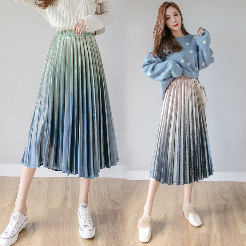 Real photos of autumn and winter gradient velvet half skirts, pleated skirts, women's mid-length, high-waisted, versatile and retro long skirts details Picture
