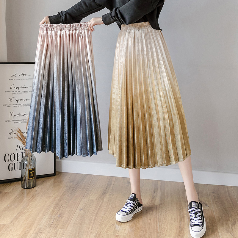Real photos of autumn and winter gradient velvet half skirts, pleated skirts, women's mid-length, high-waisted, versatile and retro long skirts Specification image