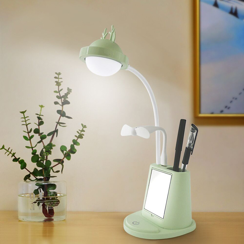 Cartoon reindeer multi-functional phone stand, touch USB pen holder, beauty mirror stand light, student desktop night light Application Scenario