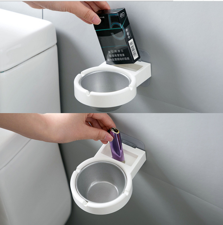 居家日用北欧风壁挂式烟缸香烟收纳架创意卫生间墙上不锈钢烟灰缸白底实物图