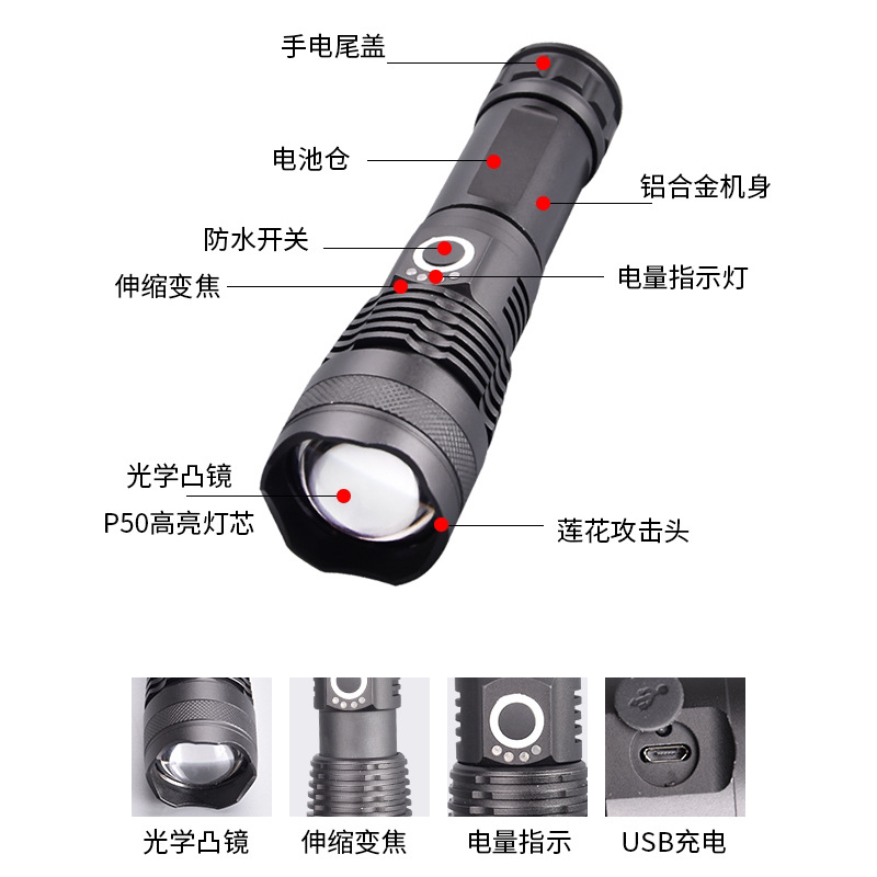 P50强光充电手电筒 X71跨境热销充电手电筒详情图4