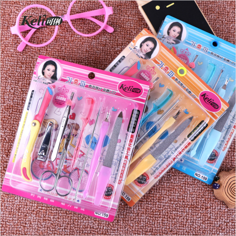 KELI Keli Multi-functional Manicure Eyebrow 8-piece set stainless steel nail clipper Eyebrow knife Brow Brush dead skin fork 159 Specification drawing