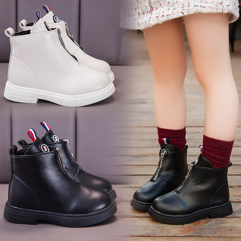 Autumn/Winter 2019 new fashion children uggs front zipper girls leather shoes high top leather waterproof with velvet cotton shoes