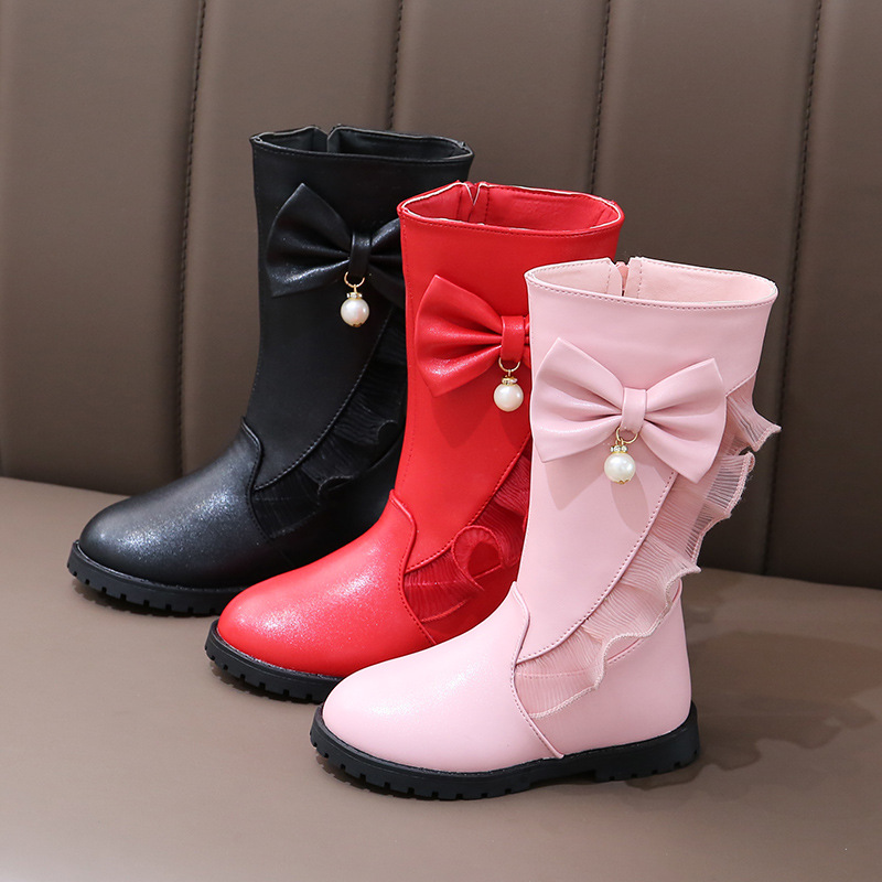 2019 New short velvet MIDI Winter Flat Princess Cotton boots girl's boots MIDI boots big leather boots 2-12 years old