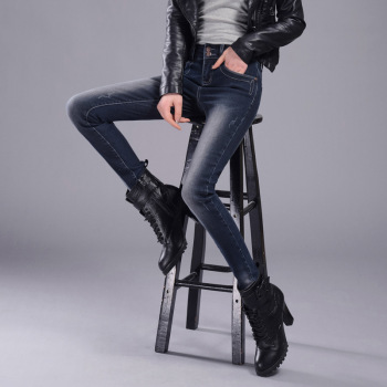 High-waisted jeans women's autumn and winter new Korean version of breasted jeans women's trousers women's explosive small foot pants