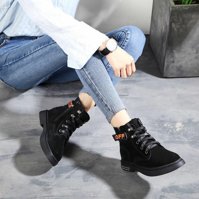 2019冬款women shoes悠尔雅1836绑带侧拉链加绒磨砂平底软底软面产品图