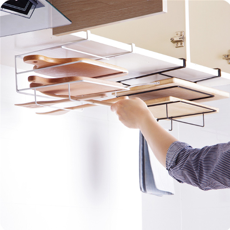 Kitchen cabinet wall-mounted cutting board rack, non-drilling iron cutting board hanging rack, household cutting board rack, storage rack and storage rack Specification image
