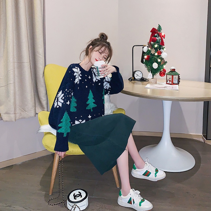 洋气很仙的圣诞毛衣女慵懒风宽松外穿加厚针织内搭打底衫细节图