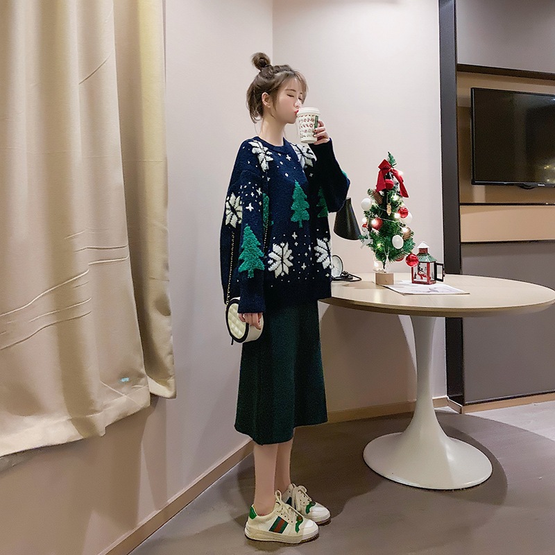 洋气很仙的圣诞毛衣女慵懒风宽松外穿加厚针织内搭打底衫白底实物图