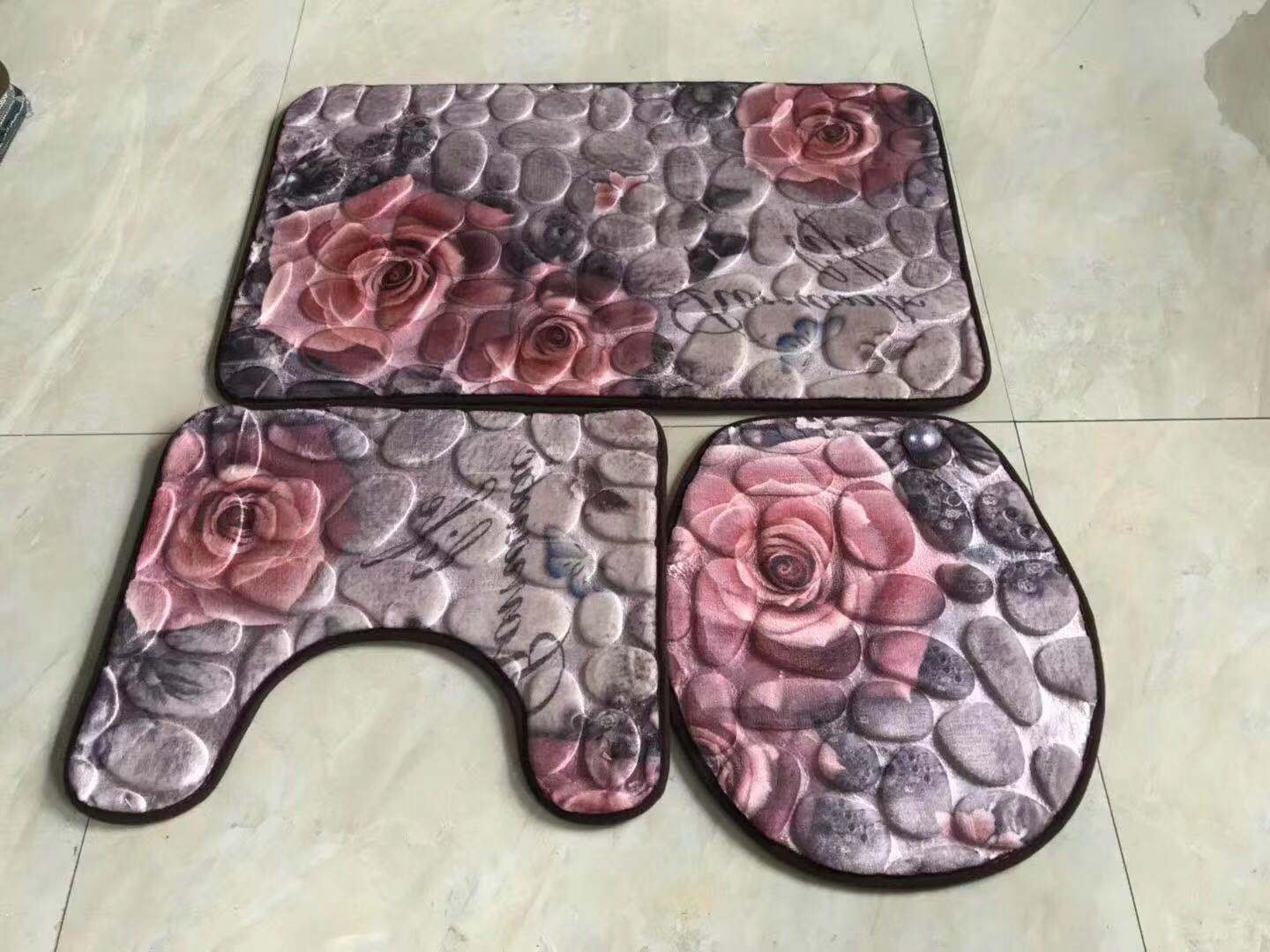 New flannel printed embossed toilet three-piece set, floor mat, anti-slip toilet set, foot mat, household mat, 50*80cm Item Picture