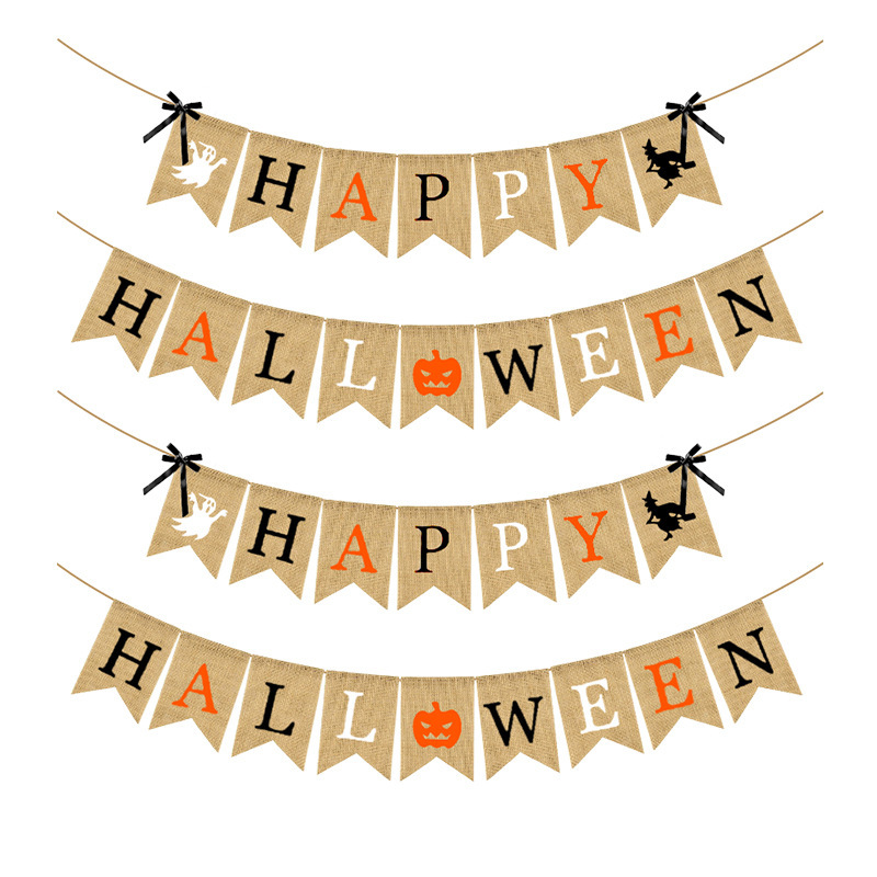 Halloween Party Decoration Latte String Flag Bow Pumpkin Happy Hall Ween Linen Dovetail Flag Item Picture