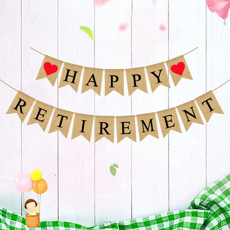 欧美热销退休派对装饰鱼尾串旗红桃心HAPPY RETIREMENT麻布燕尾旗
