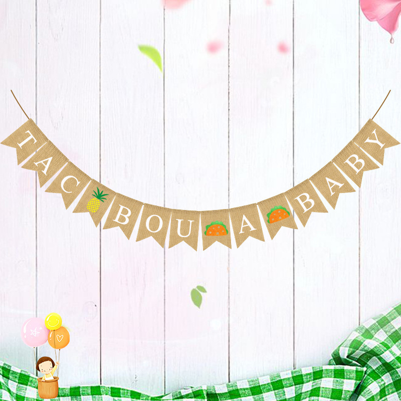 baby shower鱼尾旗宝宝菠萝西瓜拉花TAC BOU A BABY麻布燕尾拉旗