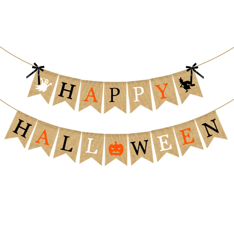 Halloween Party Decoration Latte String Flag Bow Pumpkin Happy Hall Ween Linen Dovetail Flag Specification drawing