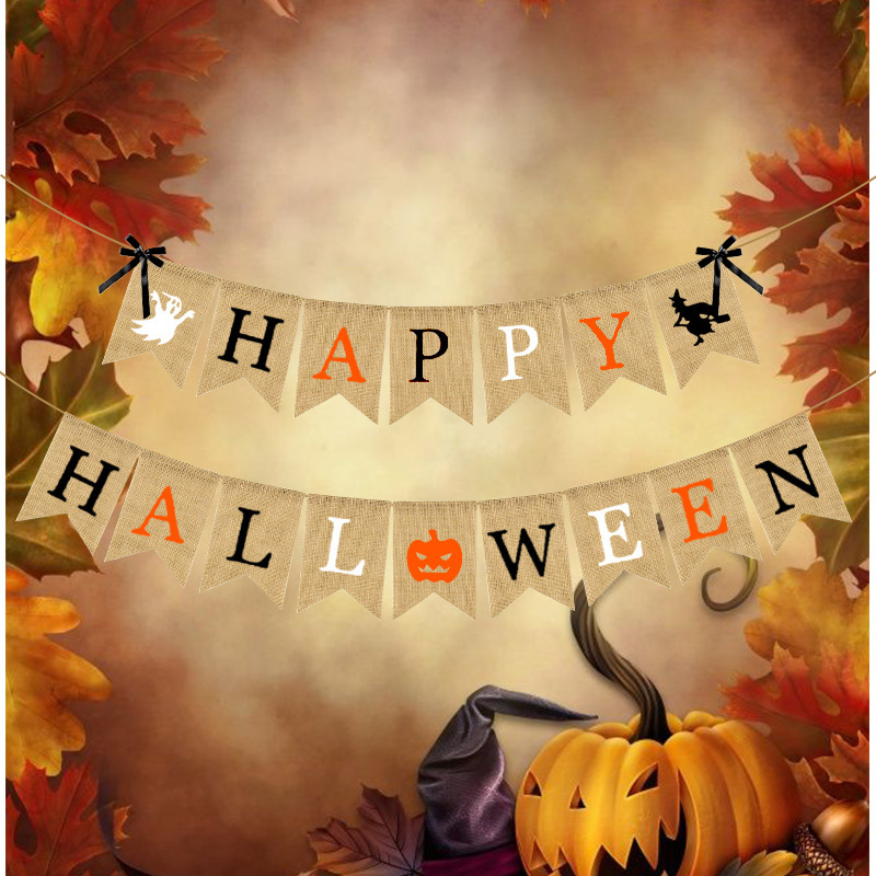Halloween Party Decoration Latte String Flag Bow Pumpkin Happy Hall Ween Linen Dovetail Flag