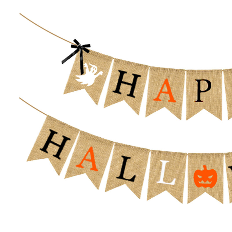 Halloween Party Decoration Latte String Flag Bow Pumpkin Happy Hall Ween Linen Dovetail Flag details Picture