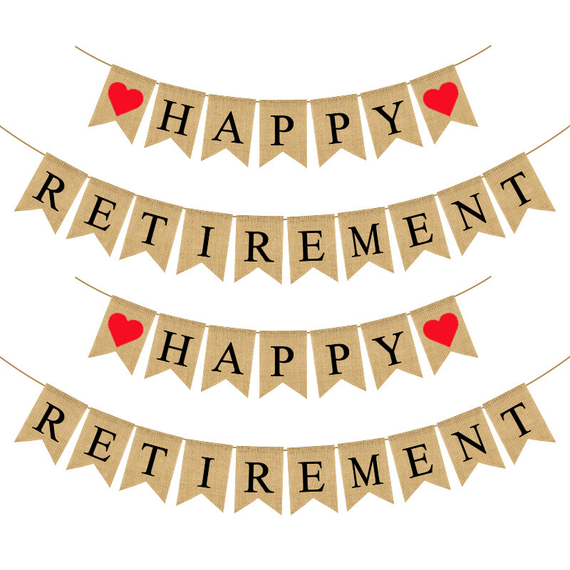 欧美热销退休派对装饰鱼尾串旗红桃心HAPPY RETIREMENT麻布燕尾旗白底实物图