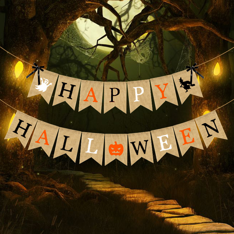 Halloween Party Decoration Latte String Flag Bow Pumpkin Happy Hall Ween Linen Dovetail Flag Application Scenario