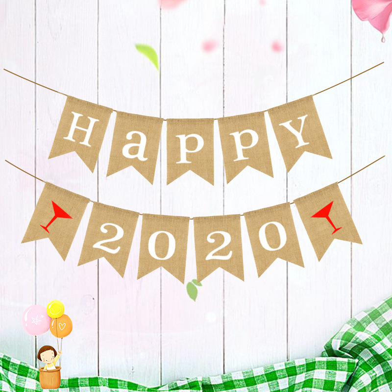 厂家直销欧美毕业派对装饰串旗鱼尾旗酒杯HAPPY 2020麻布燕尾拉旗