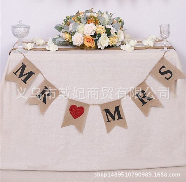MR MRS爱心三角旗横幅粗麻布 婚庆派对装饰 婚礼燕尾拉旗拍照道具