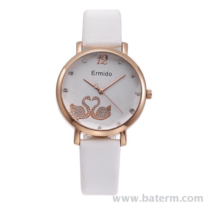 韩版时尚热销镶钻双鹅皮带女士时装手表 学生手表