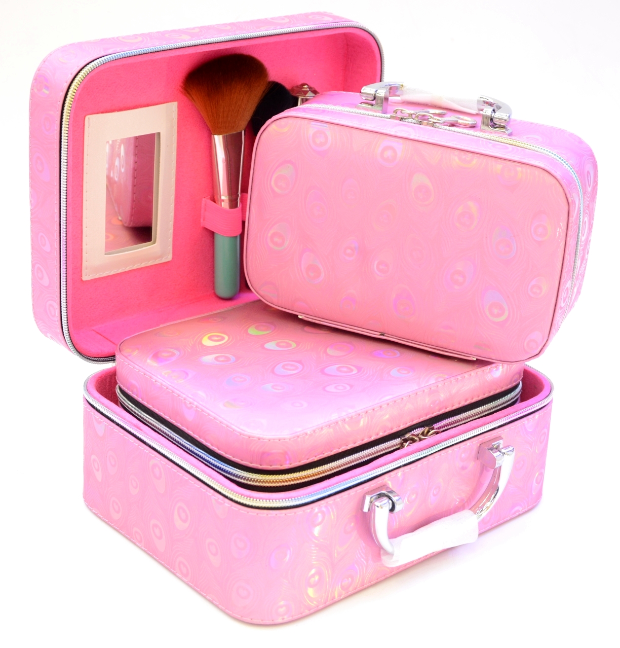 Korean version of a lady's makeup bag, a three-piece set of lady's sweet candy color commuting peacock feather print cosmetics collection bag