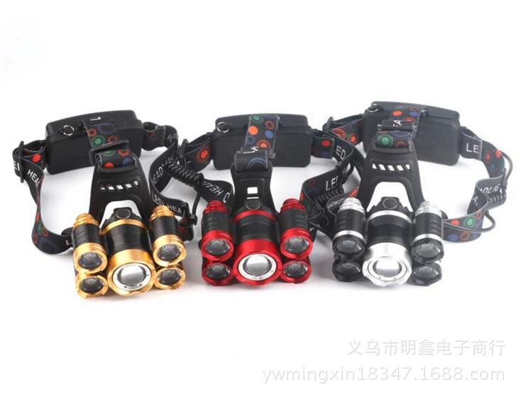 明鑫电筒 MX-905A-T6 5头 1T6+4XPE变焦调光强光充电户外头灯厂家白底实物图