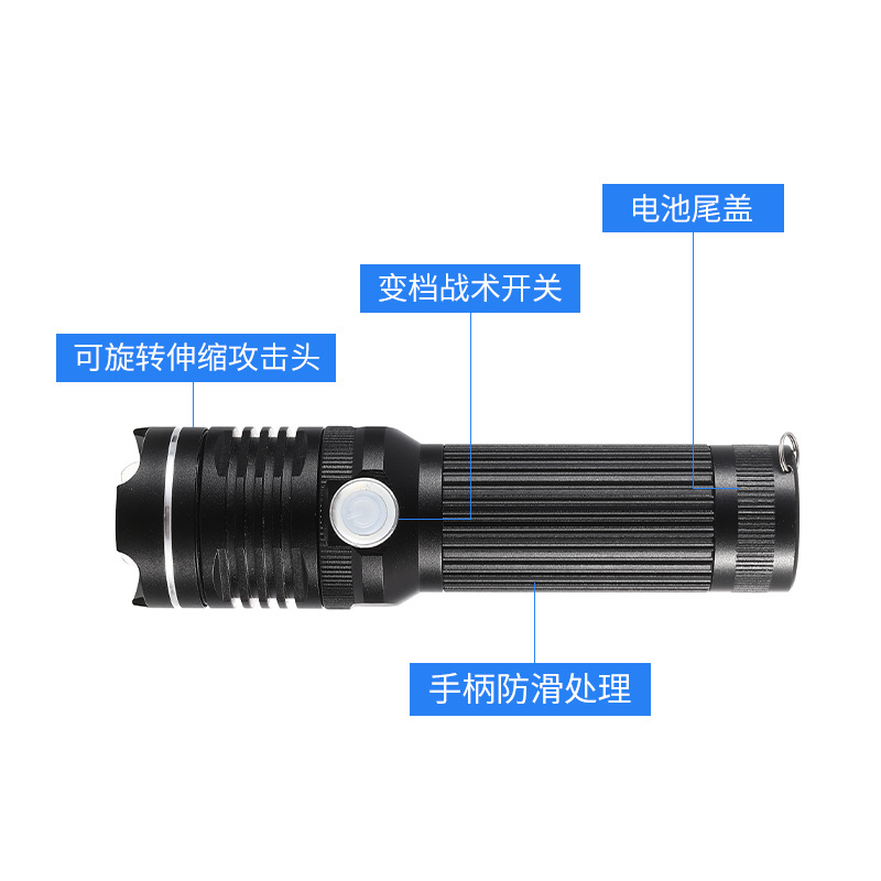 A powerful flashlight with four-color light source, USB direct charging, outdoor fishing and scorpion catching, blue and purple zoom flashlight, new cross-border model Specification image