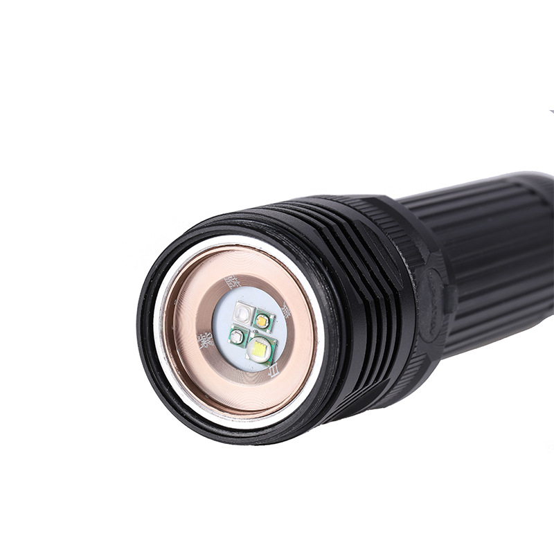 A powerful flashlight with four-color light source, USB direct charging, outdoor fishing and scorpion catching, blue and purple zoom flashlight, new cross-border model Application Scenario