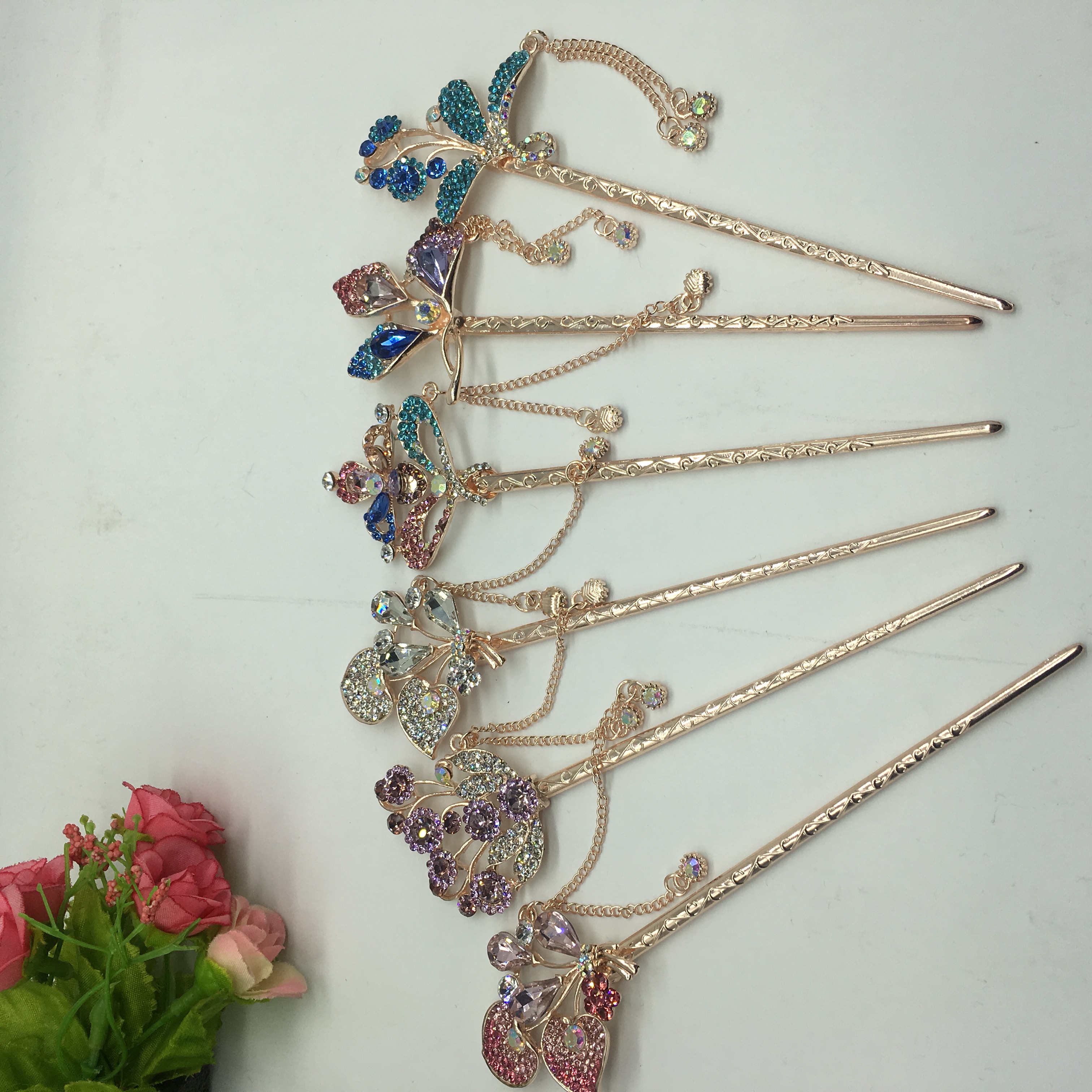 With diamond hair pin classical tassel Hanfu headdress rose set diamond hairpin hair pin fresh step shake hair pin hair accessories