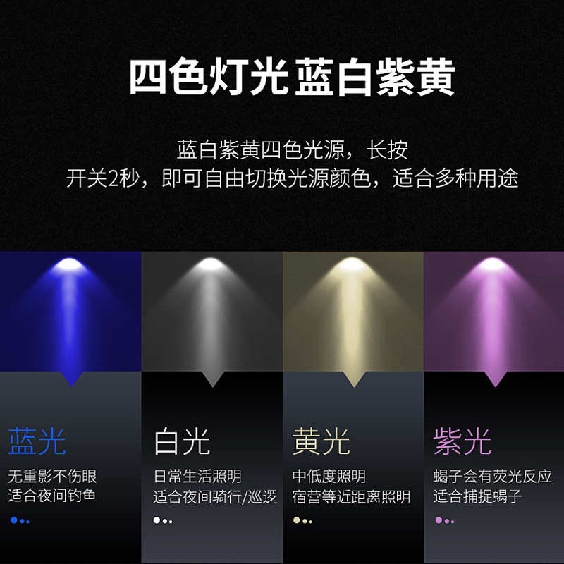 A powerful flashlight with four-color light source, USB direct charging, outdoor fishing and scorpion catching, blue and purple zoom flashlight, new cross-border model details Picture