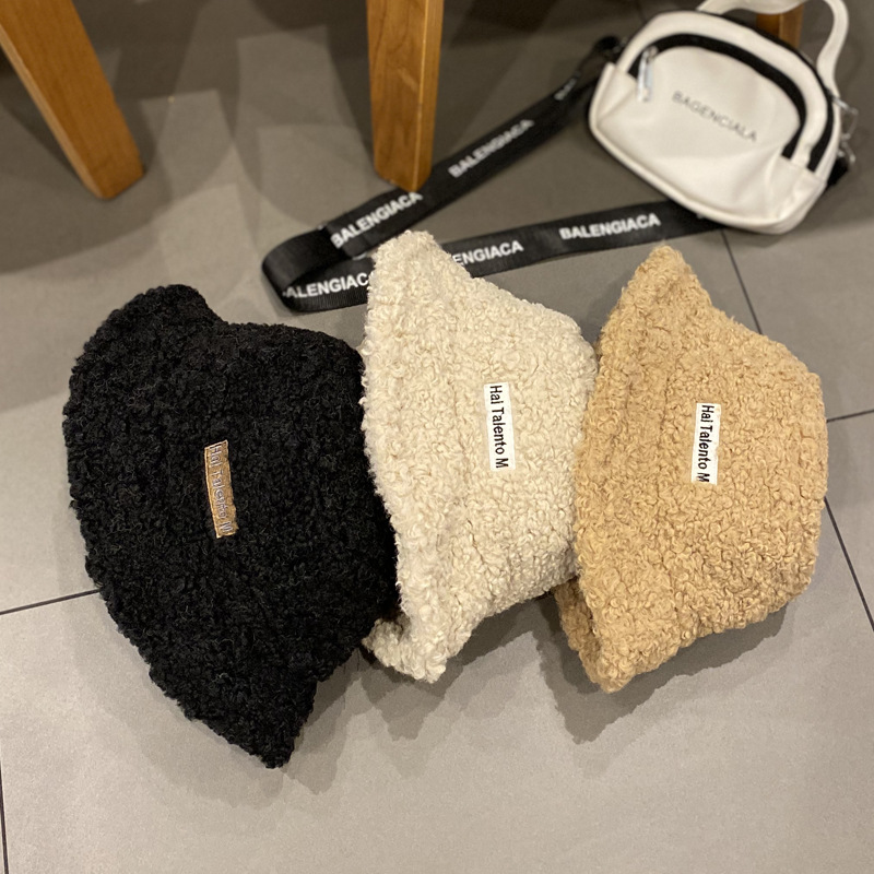 Hat lady Instagram Lamb wool letter embroidered Fisherman hat autumn winter all matching solid color warm plush basin hat couple details Picture