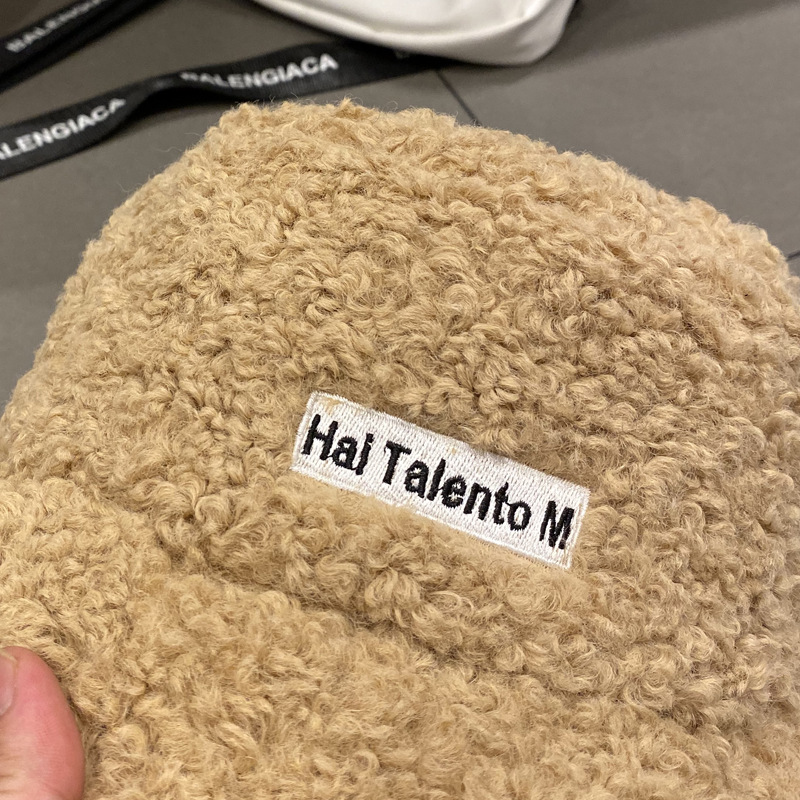 Hat lady Instagram Lamb wool letter embroidered Fisherman hat autumn winter all matching solid color warm plush basin hat couple Specification drawing