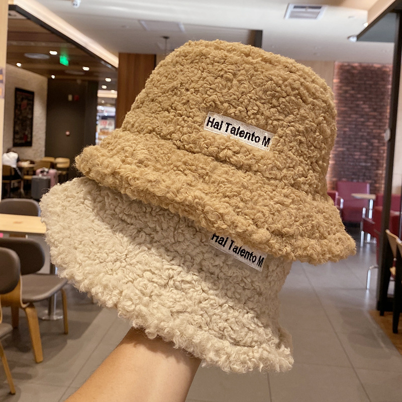Hat lady Instagram Lamb wool letter embroidered Fisherman hat autumn winter all matching solid color warm plush basin hat couple full figure