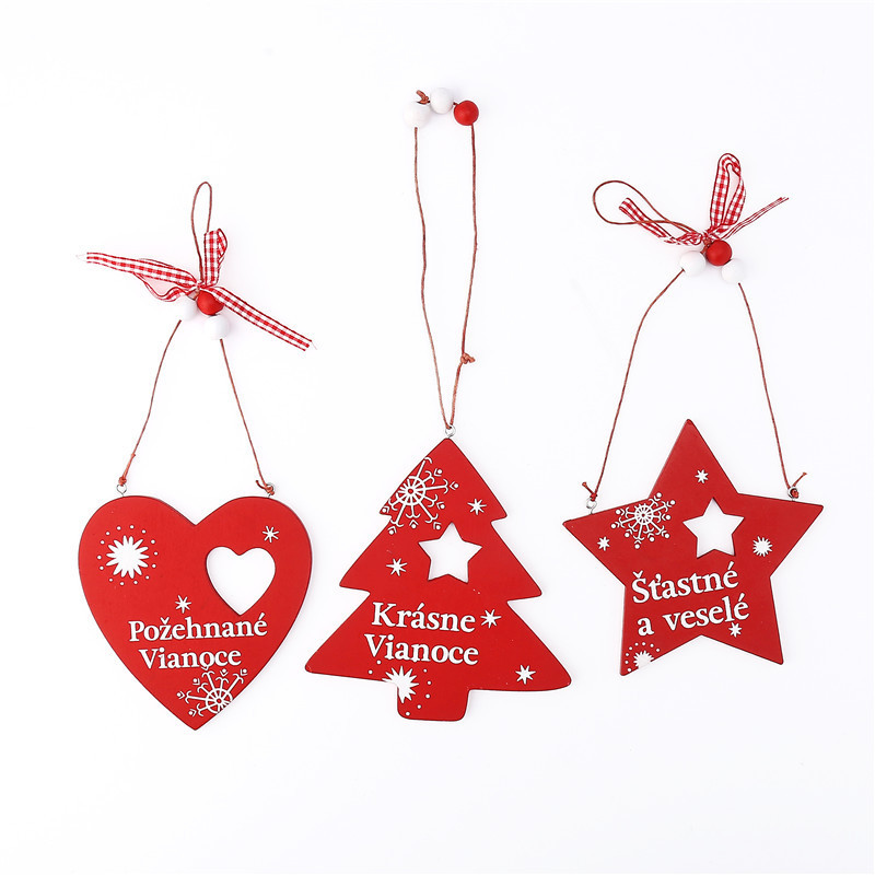 Wooden bow pendant, printed five-pointed star window decoration gift, Christmas heart-shaped decorative pendant