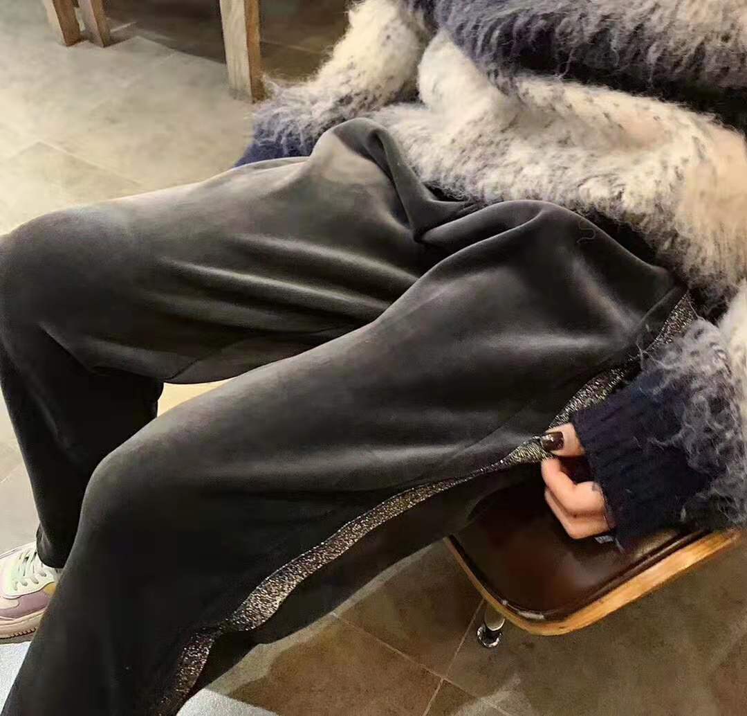 银边丝绒裤高腰阔腿裤加绒宽松直筒加厚休闲女裤